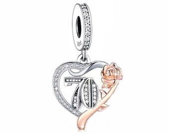 70th, Genuine Brand New S925 Sterling Silver & Rose Gold 70th Birthday Dangle Charm Bead
