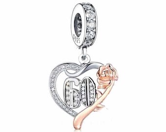 60th, Genuine Brand New S925 Sterling Silver & Rose Gold 60th Birthday Dangle Charm Bead