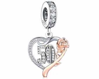 50th, Genuine Brand New S925 Sterling Silver & Rose Gold 50th Birthday Dangle Charm Bead