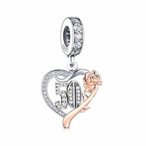 2248 50th, Genuine Brand New S925 Sterling Silver & Rose Gold 50th Birthday Dangle Charm Bead - Landmark Birthday - Fits all Charm Bracelets