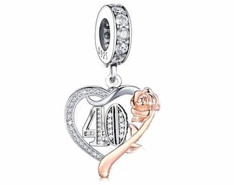 40th, Genuine Brand New S925 Sterling Silver & Rose Gold 40th Birthday Dangle Charm Bead