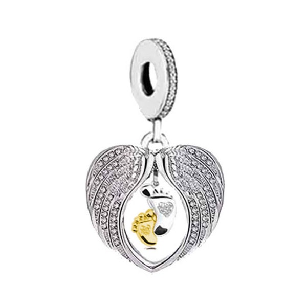 2189 - Genuine Brand New S925 Sterling Silver 'Baby Foot Prints inside Angel Wings' Dangle Charm - Lovely Gift - Fits all Charm Bracelets