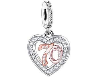70th Birthday Charm – Genuine 925 Sterling Silver – Personalised Engraved Heart Bead – Fits All Bracelets