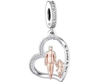 2129 - Grandad - Genuine Brand New S925 Sterling Silver My Grandad, My Hero Dangle Charm - Perfect Grandpa Memory - Fits all Charm Bracelets