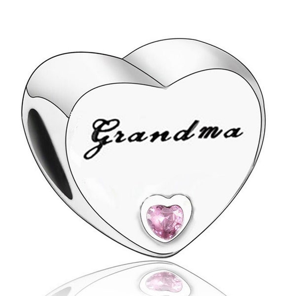 1294 - Véritable breloque en forme de coeur « Grand-mère » en argent sterling S925 - Idée cadeau parfaite pour un être cher - Convient à tous les bracelets à breloques