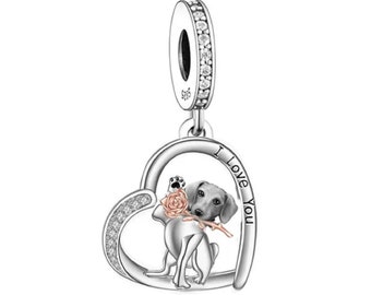 3654 - Dachshund - Genuine Brand New S925 Sterling Silver 'I Love You' Doggie & Rose Dangle Charm - Fits all Branded Charm Bracelets