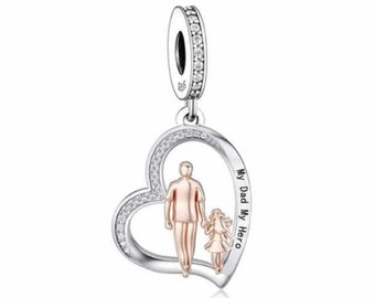 2129 - Papa - Pendentif « Mon père, mon héros » authentique neuf en argent sterling S925 - Cadeau parfait pour un être cher - Convient à tous les bracelets à breloques