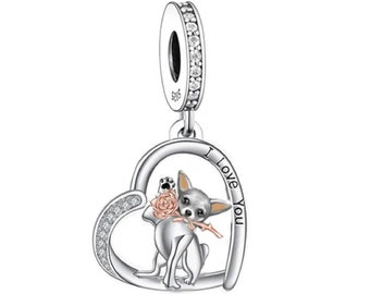 3653 - Chihuahua - Genuine Brand New S925 Sterling Silver 'I Love You' Doggie & Rose Dangle Charm - Fits all Branded Charm Bracelets