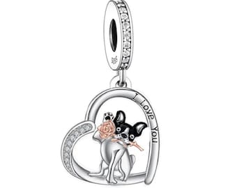 3579 - Frenchie, French Bulldog & Rose - Genuine New S925 SterlingSilver + RG 'I Love You' Realistic Dangle Charm - Fits all Charm Bracelets