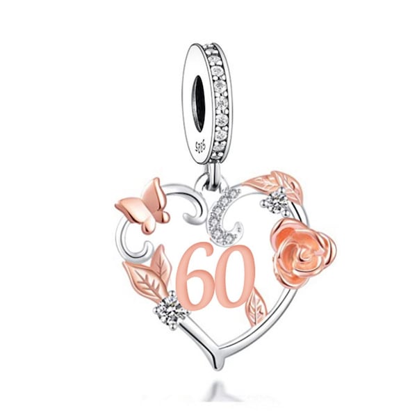 2981-60th, Genuine Brand New S925 Sterling Silver & Rose Gold 60th Birthday Dangle Charm Bead - Landmark Birthday - Fits all Charm Bracelets