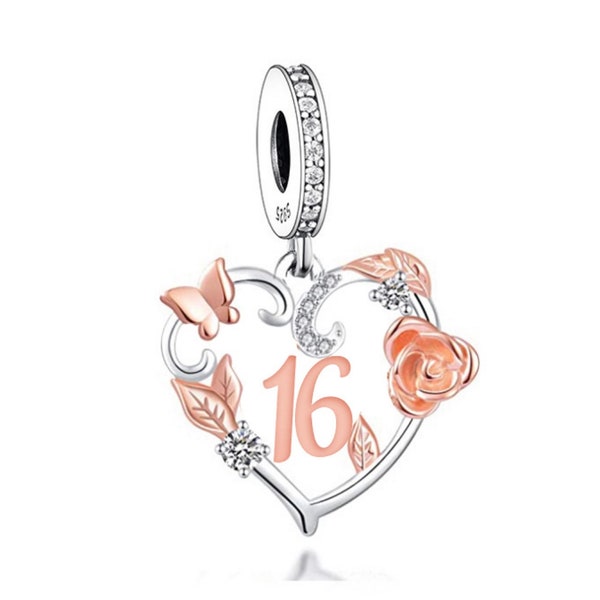 2981-16th, Genuine Brand New S925 Sterling Silver & Rose Gold 16th Birthday Dangle Charm Bead - Landmark Birthday - Fits all Charm Bracelets