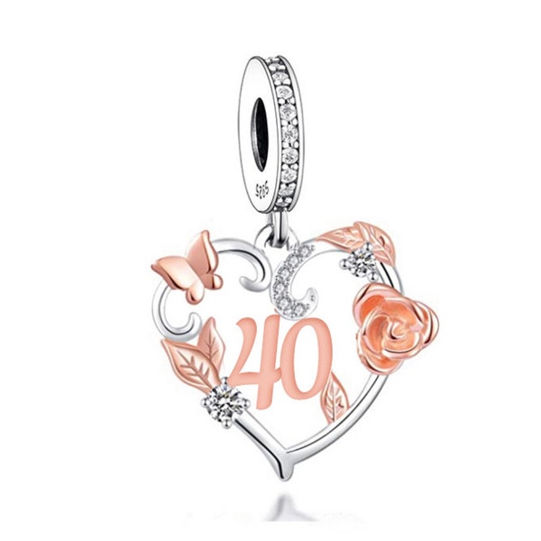 2981-40th, Genuine Brand New S925 Sterling Silver & Rose Gold 40th Birthday Dangle Charm Bead - Landmark Birthday - Fits all Charm Bracelets