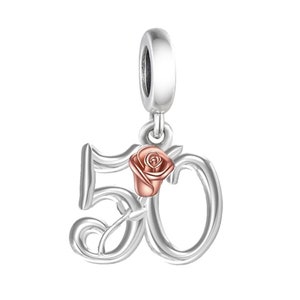 3565-50th, Genuine Brand New S925 Sterling Silver & Rose Gold 50th Birthday Dangle Charm Bead - Landmark Birthday - Fits all Charm Bracelets