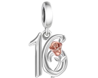 3565-16th, Genuine Brand New S925 Sterling Silver & Rose Gold 16th Birthday Dangle Charm Bead - Landmark Birthday - Fits all Charm Bracelets