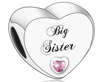 1585 - Perlina con ciondolo a forma di cuore "Big Sister" in autentico argento sterling S925 nuovissimo - Idea regalo perfetta per una persona cara - Si adatta a tutti i braccialetti con ciondoli