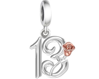 3565-13th, Genuine Brand New S925 Sterling Silver & Rose Gold 13th Birthday Dangle Charm Bead - Landmark Birthday - Fits all Charm Bracelets