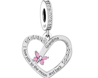 2768-GRANDMA - Charm colgante de plata de ley S925 auténtica y nueva "Te amo hasta la luna y la espalda de la abuela" - Se adapta a todas las pulseras con dijes de marca