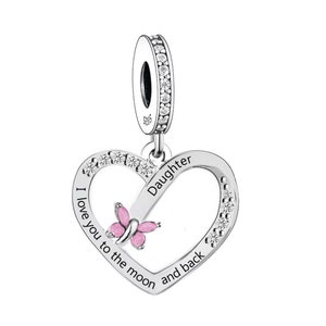 2768-DAUGHTER - Echtleder Brand New S925 Sterling Silber Ich Liebe Dich bis zum Mond & Zurück Tochter Anhänger - Passt für Alle Marken Bettelarmbänder