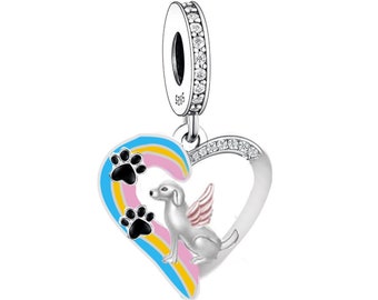 2754 - Genuine Brand New S925 Sterling Silver Doggy with Wings Across the Rainbow Heart Dangle Charm Bead - Fits all Charm Bracelets