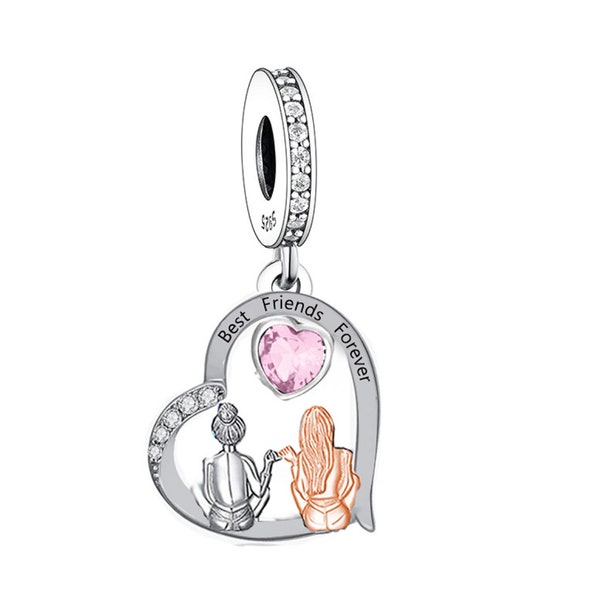 2756 - Argent sterling S925 véritable « Best Friends » - Pendentif maman/grand-mère/tante et fille/nièce - Convient à tous les bracelets à breloques