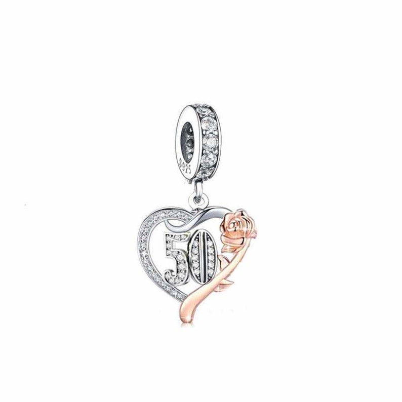 2248 50th, Genuine Brand New S925 Sterling Silver & Rose Gold 50th Birthday Dangle Charm Bead Landmark Birthday Fits all Charm Bracelets image 1