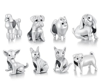 Auténtica nueva plata de ley S925 Chihuahua Pomeranian Basset Pug Schnauzer Yorkie Frenchie Poodle Dangle Charm Bead - Se adapta a pulseras de dijes