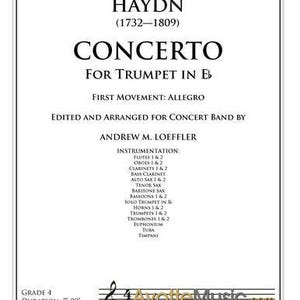 Könnte beinhalten: Noten für Franz Joseph Haydns Konzert für Trompete in Es, bearbeitet und arrangiert für Blasorchester von Andrew M. Loeffler. Das Cover zeigt den Titel, den Namen des Komponisten und die Details der Instrumentierung. Grad 4, Dauer 7'00", Tonart Es-Dur.