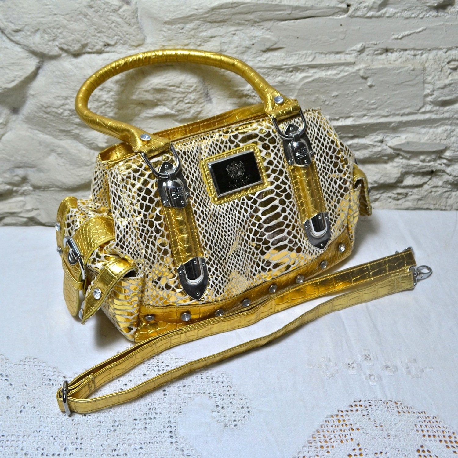 LYDC London Gold Bag with Handles and Detachable Shoulder Strap 3 Zipper Pockets Rhinestones and Side Pockets Faux Leather Bag for Women