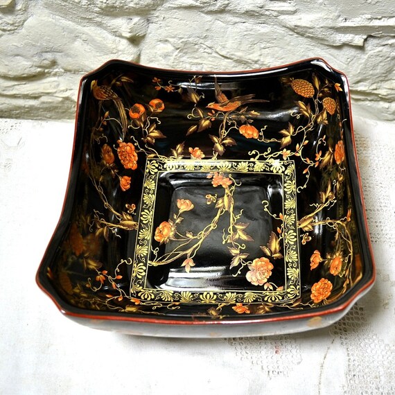 Decorative Bowl Large Oriental Style Black Porcelain Bowl Floral With Birds Square Bowl For Home Decor Gift