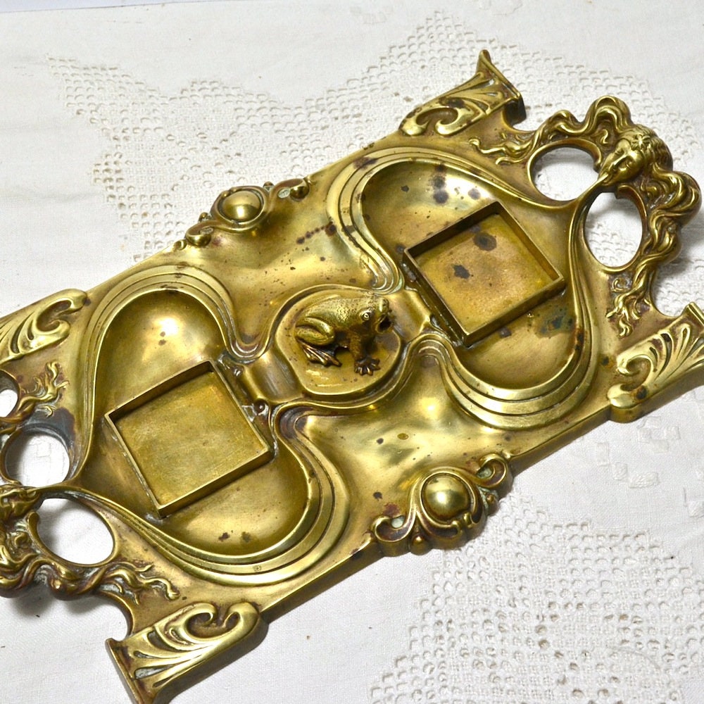 Art Nouveau Brass Inkwell Tray Antique Inkstand With Frog Etsy