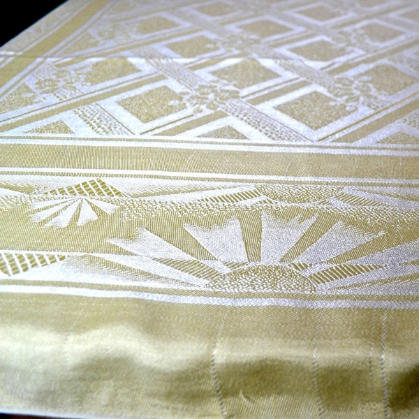 Damask Tablecloth in Gold White Art Deco Sunburst and Geometric Pattern of Rayon Fabric Artificial Silk - Vintage Table Linen c.1930s