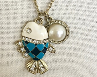 Vintage 1980s Enamel Fish Pendant Necklace: Turquoise, Navy, Rhinestone