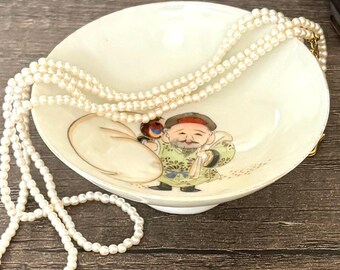 Antique Japanese Sake Cup Seven Lucky Gods Thin Porcelain, Salt Holder, Trinket Dish