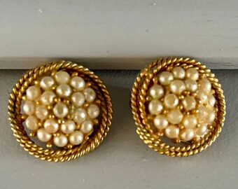 Signed Marvella Clip on Earrings Vintage Faux Pearl Gold Tone Round