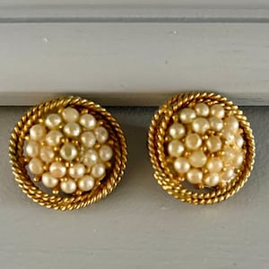 Signed Marvella Clip on Earrings Vintage Faux Pearl Gold Tone Round