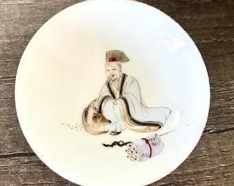 Antique Japanese Sake Cup Seven Lucky Gods Thin Porcelain, Salt Holder, Trinket Dish