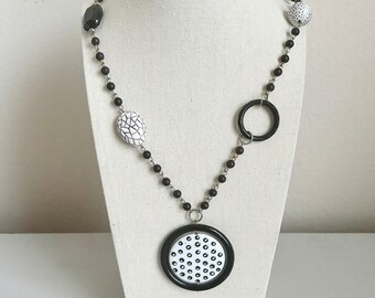 Vintage 1970s Mod Pendant Necklace: Black & White Geometric Beads, 36" Long