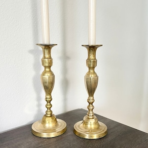 Vintage Solid Brass Candlestick Holders - 11 Inch - 1970s Pair