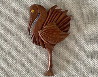 Vintage Wood Flamingo Brooch 1940s Handcrafted Pin