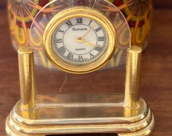 Vintage Luminox Mini Quartz Desk Clock – Gold Tone with Clear Arch, Roman Numerals, Working Condition