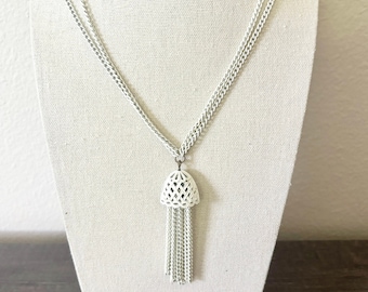 Vintage MONET Signed White Enamel On Metal Tassel Pendant Necklace 24" Gold Tone Clasp