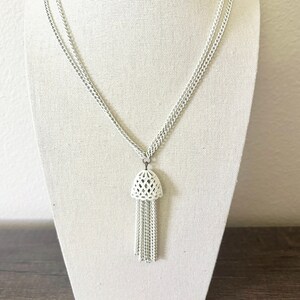 Vintage MONET Signed White Enamel On Metal Tassel Pendant Necklace 24&quot; Gold Tone Clasp