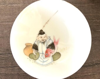 Antique Japanese Sake Cup Seven Lucky Gods Thin Porcelain, Salt Holder, Trinket Dish