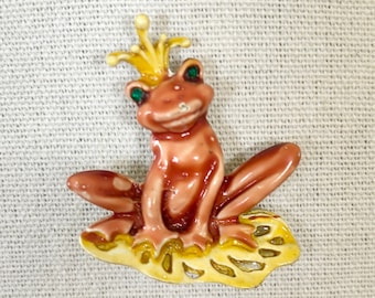 Vintage 1970s Frog Prince Pin: Painted Metal with Rhinestone Eyes