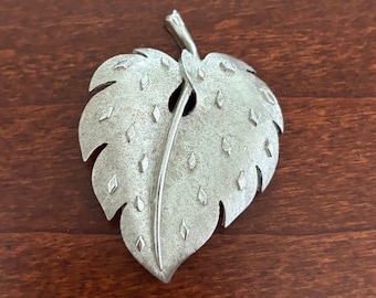 Vintage Trifari Leaf Brooch Brushed Silver Signed  Pin