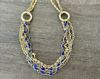 Vintage Multi Strand Gold Tone Chain Necklace With Open Bezel Faceted Blue Rhinestones
