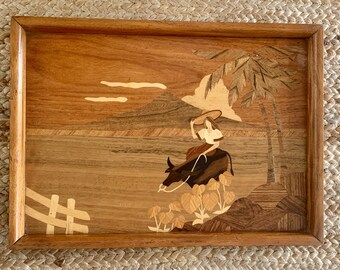 MCM Midcentury Modern Wood Inlay Tray Girl Riding on Mountain with Palm Tree 17.5" x 12.5"