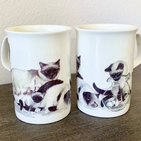 Roy Kirkham Bone China Cat Lovers Mugs, Set of 2 Siamese Cat Mugs Made in England 1989