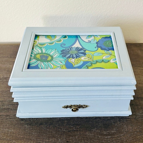 Painted Upcycled Vintage Jewelry Box Retro Floral Designer Fabric Blue Turquois Green