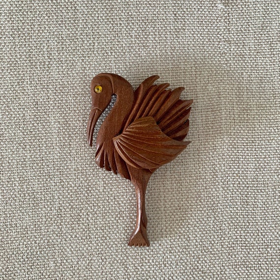 Vintage Wood Flamingo Brooch 1940s Handcrafted Pin - image 1